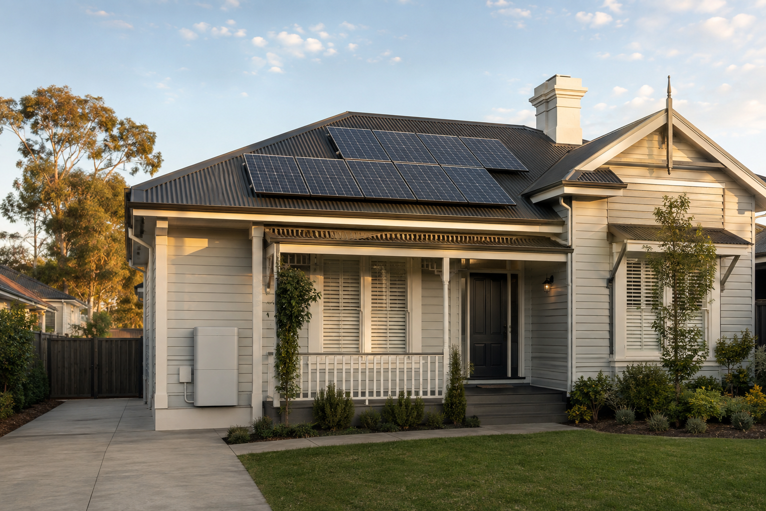 Victorian home with rooftop solar panels and a professionally installed home battery