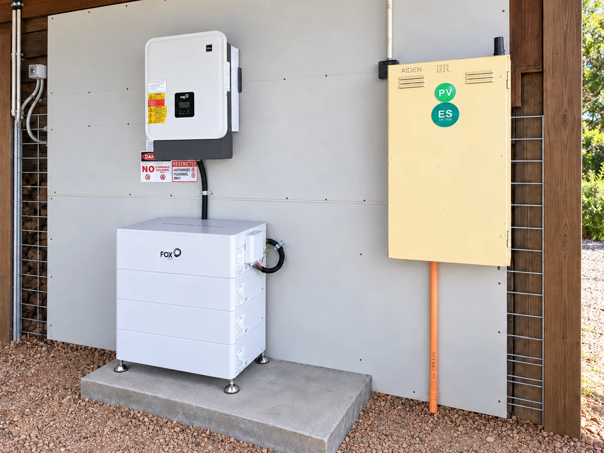 Compact Fox ESS home battery with separately mounted inverter and nearby switchboard in a protected Victorian service area.