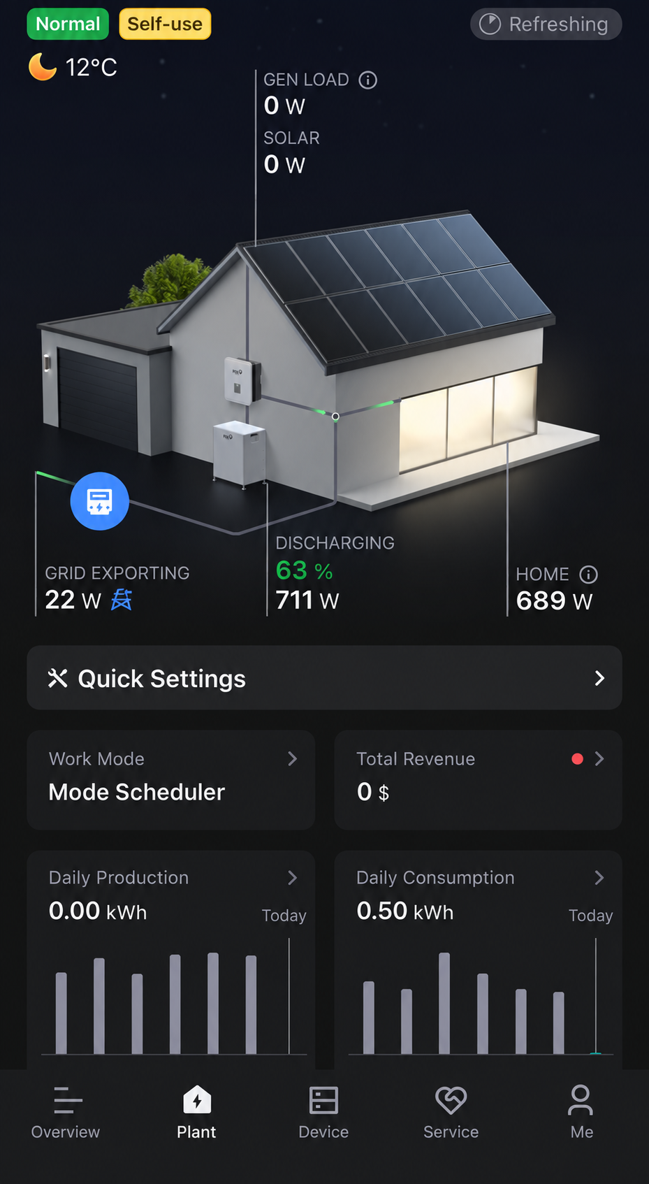 FoxCloud app screenshot showing Fox ESS home battery status, energy flow, grid export and household consumption.