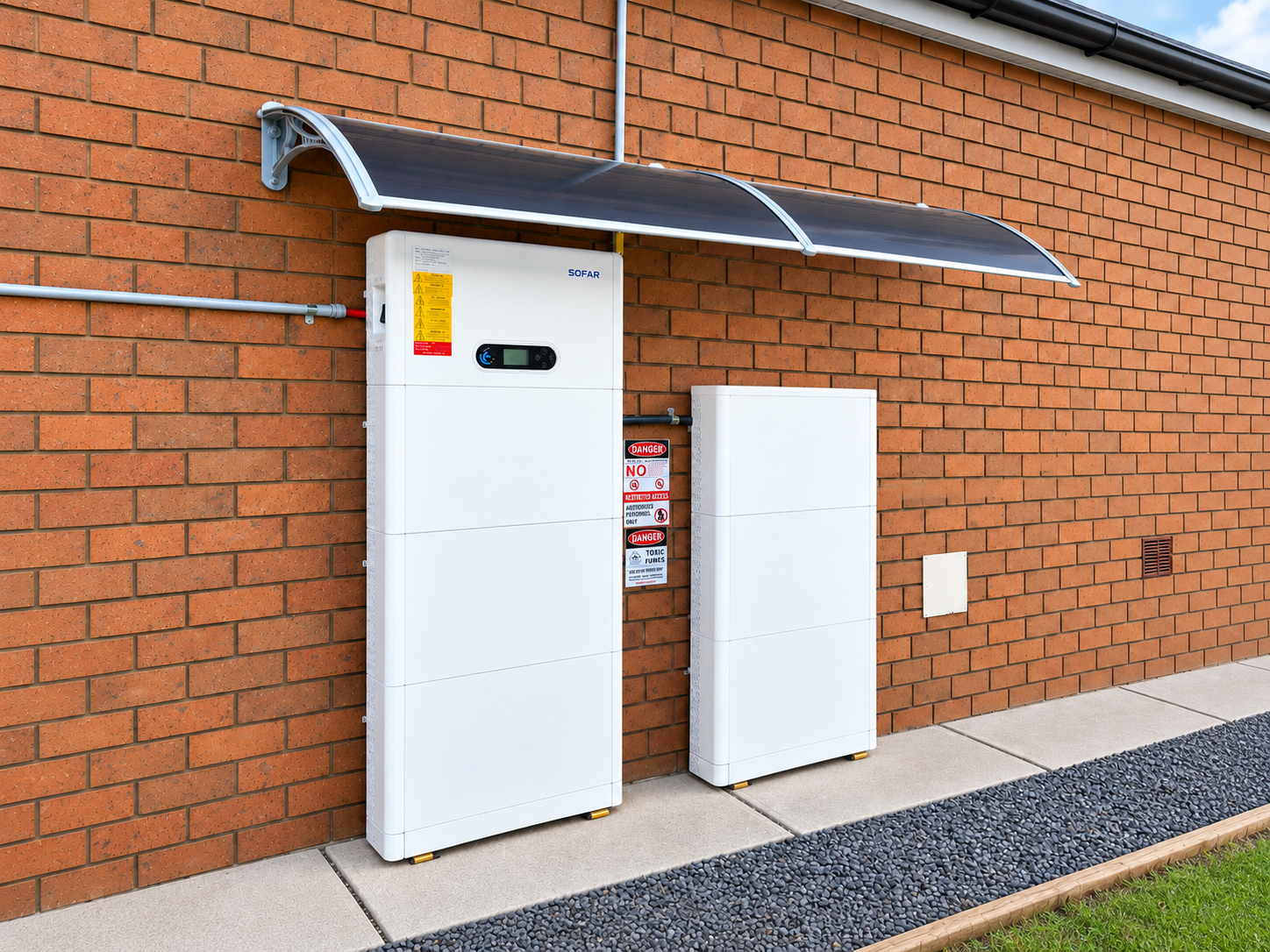 30 kWh SOFAR PowerAll home battery installation with two towers and protective canopy in Victoria.