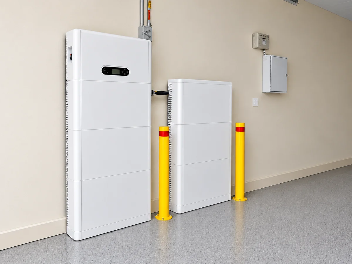 30 kWh SOFAR PowerAll battery installation with two slim towers and protective bollards in a Victorian garage.