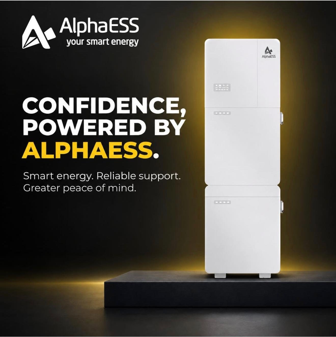 AlphaESS promotional artwork: Confidence, powered by AlphaESS, showing a vertically stacked home battery system